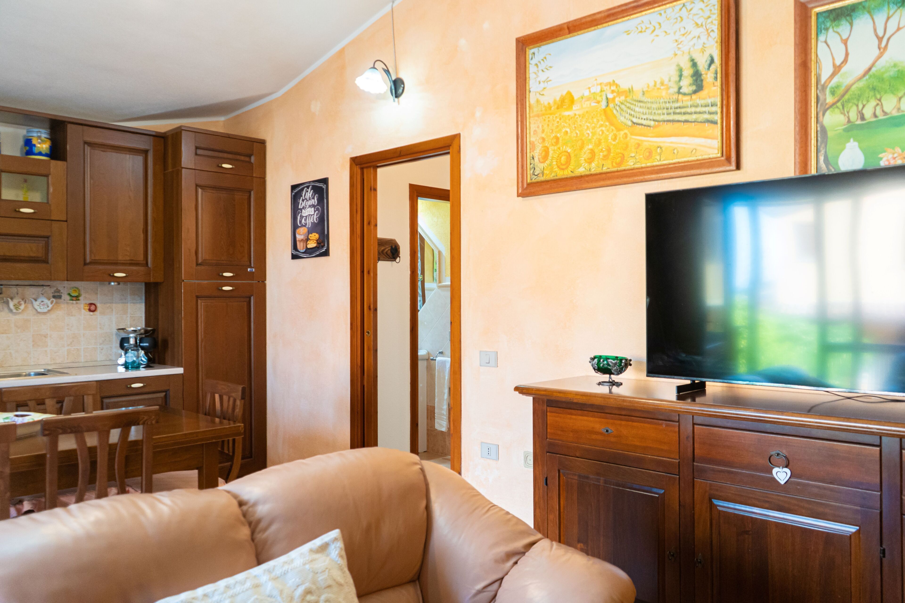 A living room with a leather sofa, wooden cabinets, a television, and a kitchen area with wooden cabinets and a coffee machine.