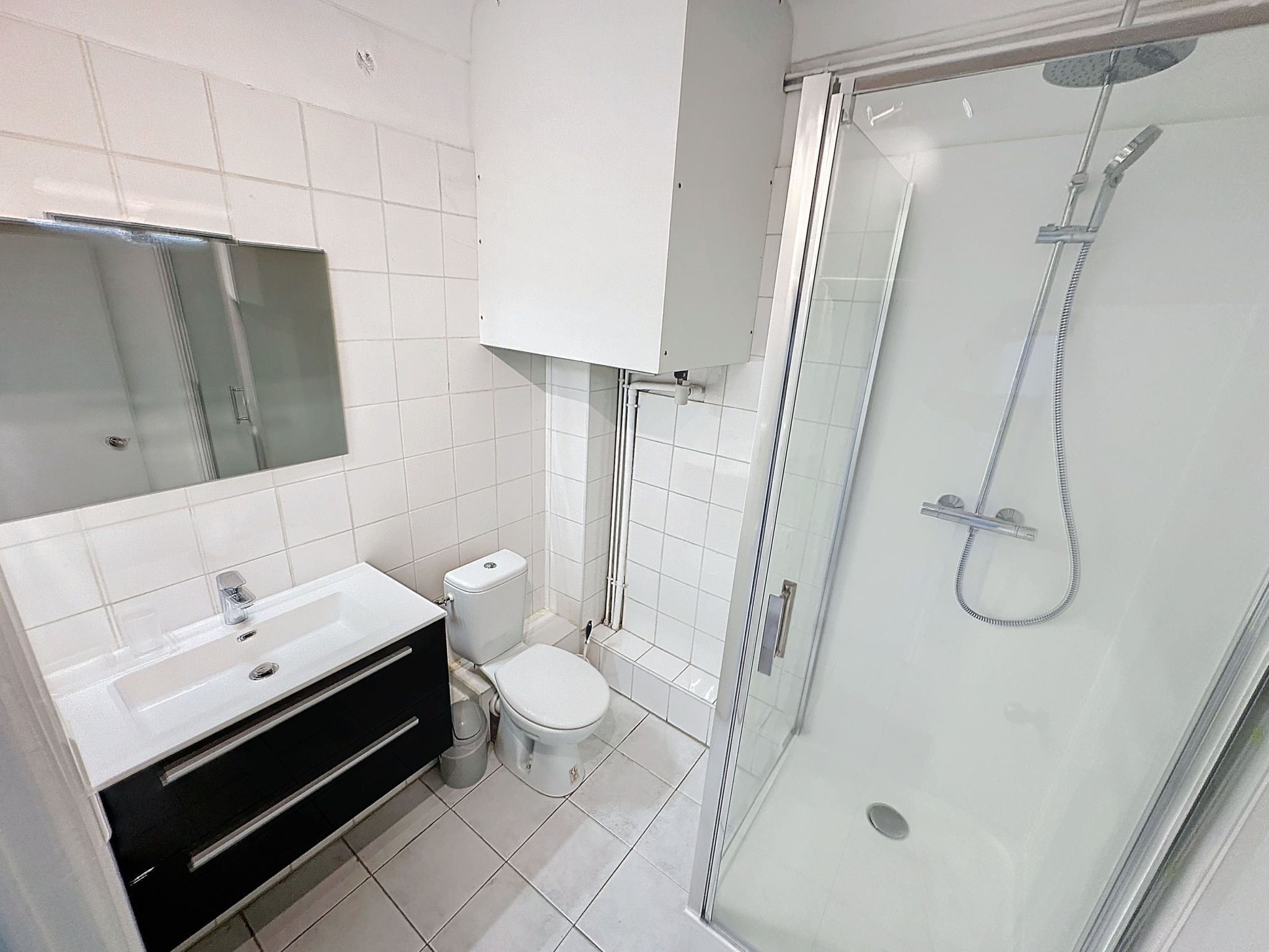 A modern bathroom with a glass-enclosed shower, a white sink, a toilet, and a mirror above the sink.