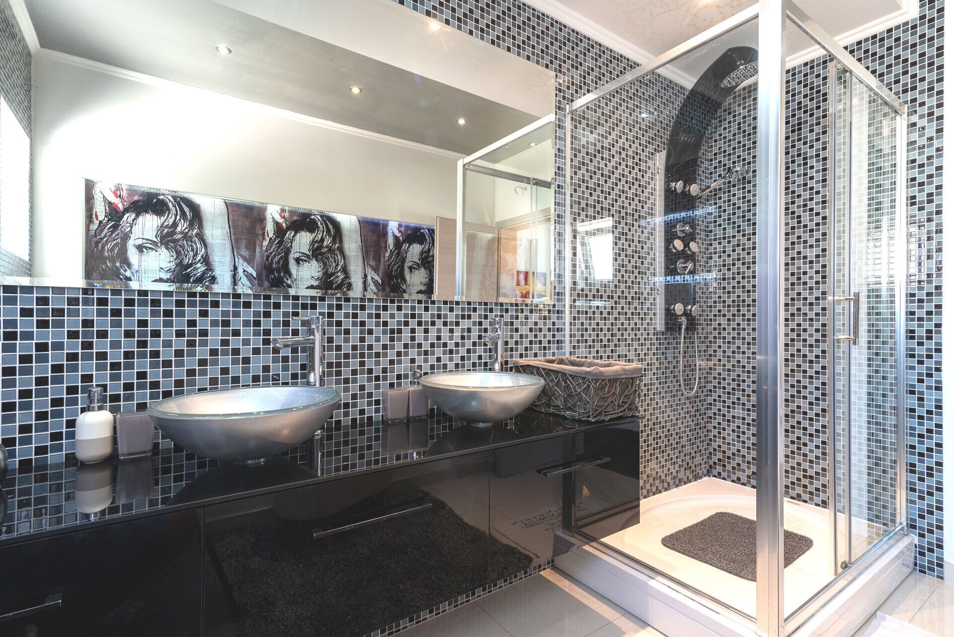 Shower, hair dryer, towels, toilet paper