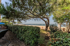Une vue sur la plage avec un arbre, une chaise et une clôture.