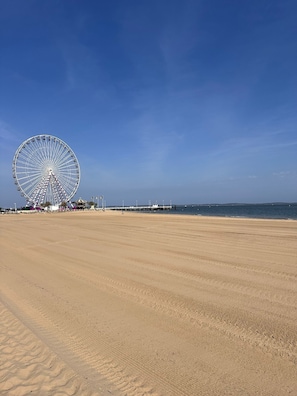 Ein Strand mit einem großen Riesenrad im Hintergrund.