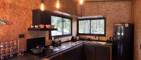 Fridge, oven, coffee/tea maker, electric kettle
