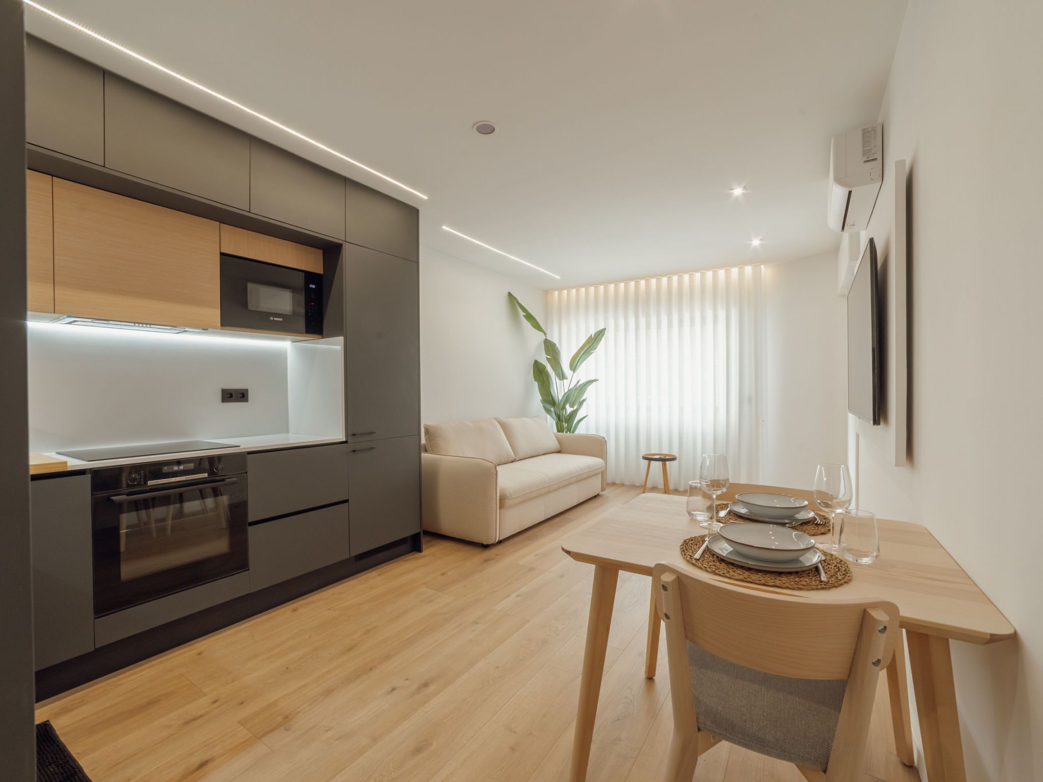 A modern kitchen with built-in appliances, a dining area with a table set for two, and a living space with a sofa and a large plant.