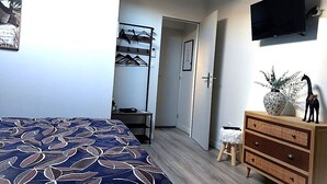 Un dormitori amb un llit, un armari, un televisor, una porta i un passadís.