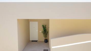 A narrow hallway with a door at the end, a potted plant, and a light switch on the wall.