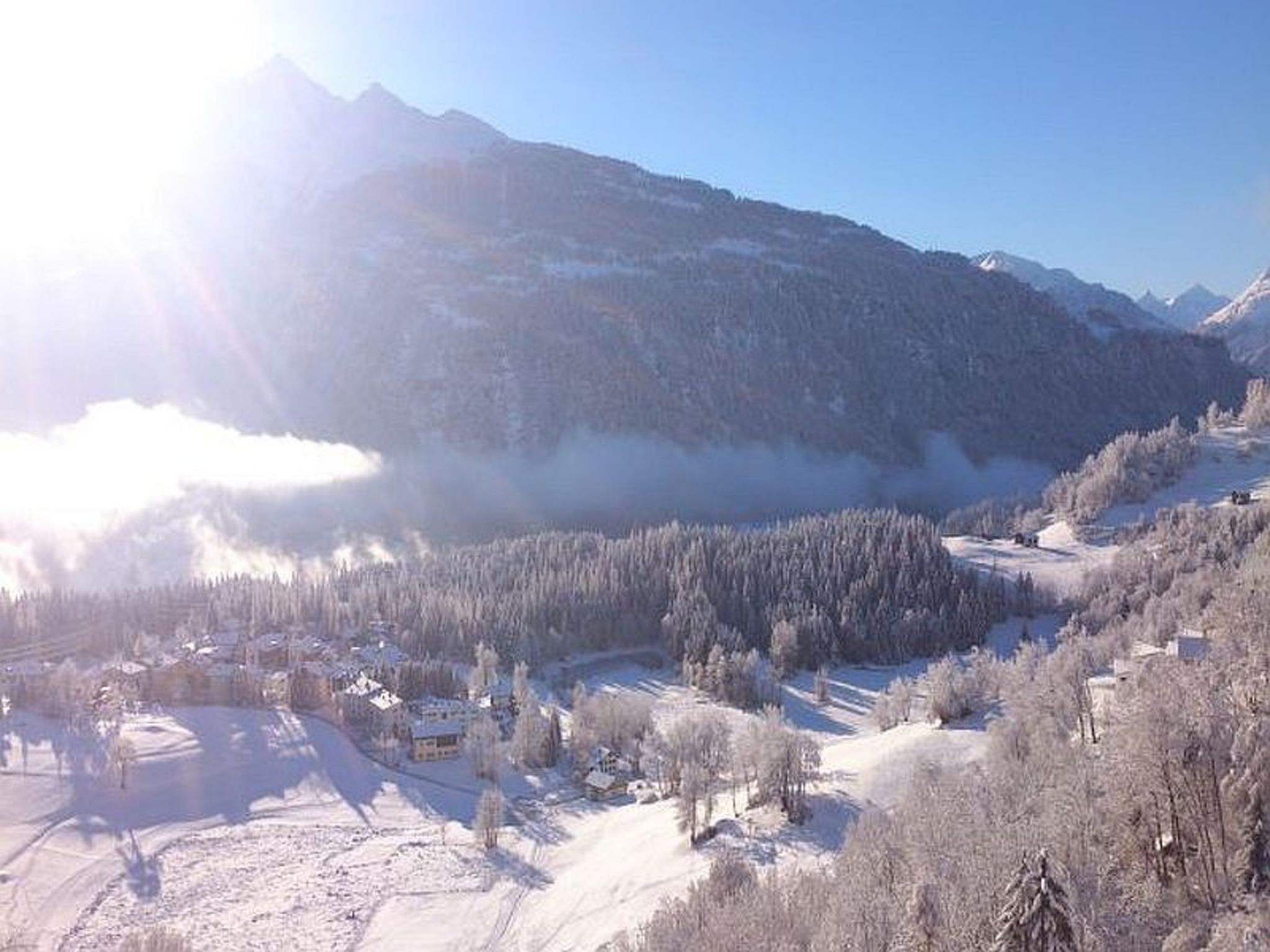 A snowy mountain landscape with a village and forested area.