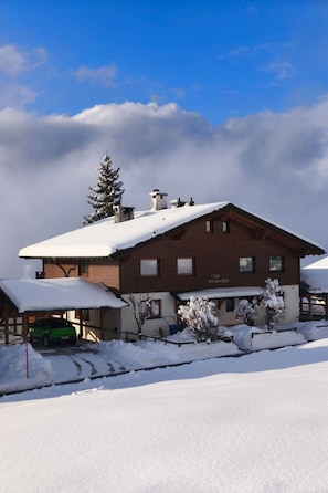 Una casa de madera de dos pisos, con techo cubierto de nieve y un garaje.