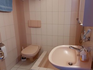 Uma casa de banho pequena com sanita, lavatório e chuveiro.