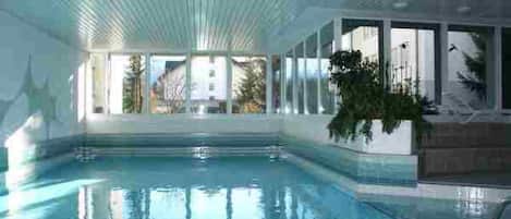 Ein Hallenbad mit großen Glaswänden, einer Kachel Decke und Blick ins Freie.