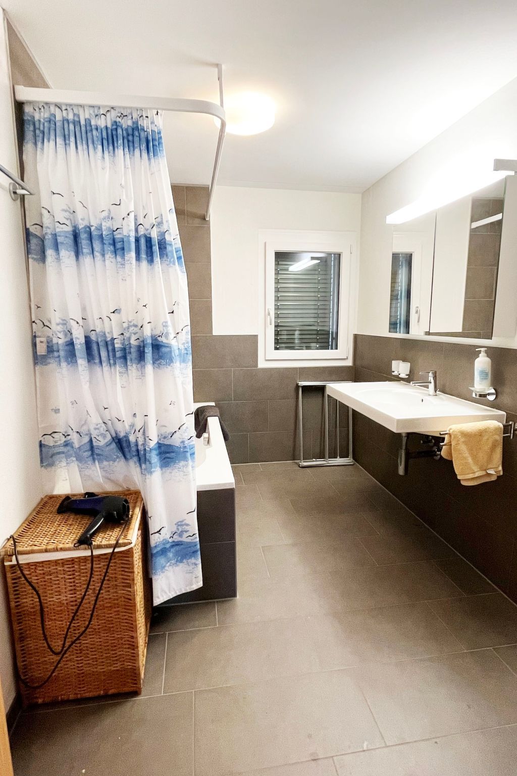 Un baño con cortina de ducha, lavamanos, espejo y ventana.