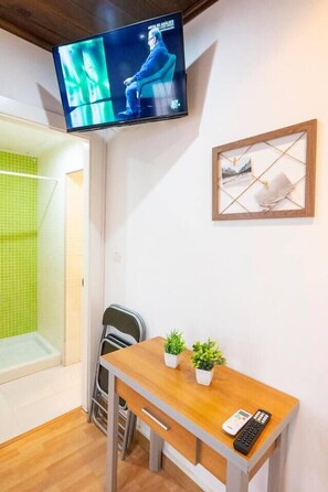 Ein Zimmer mit an der Wand befestigtem Fernseher, einem Holztisch mit Fernbedienung, zwei kleinen Topfpflanzen, einem gerahmten Bild und einem Duschbereich mit grünen Fliesen.