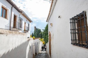 A narrow street with white buildings, a metal gate, and a person walking. - Studio with terrace and views of the Alhambra (Granada)