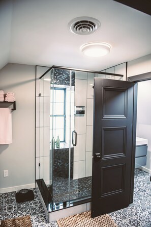 Shower, hair dryer, towels, soap
