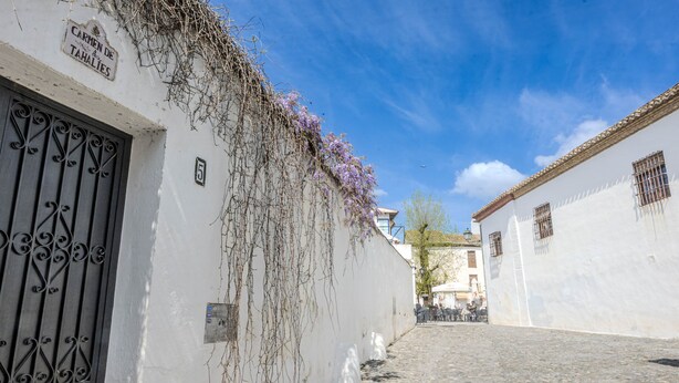 A cobblestone street, white buildings, a wrought iron gate, and a clear blue sky.