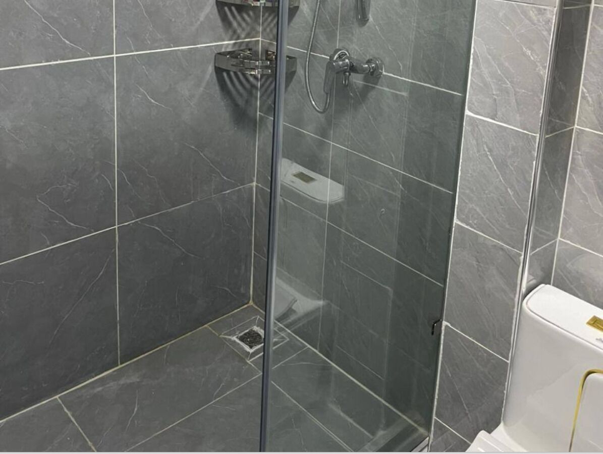 A shower with a glass door, a handheld showerhead, and a white toilet.