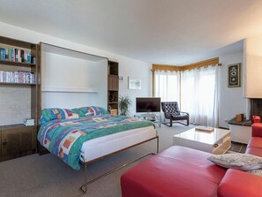 A bedroom with a bed, a TV, a red sofa, and a bookshelf.