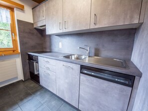 A modern kitchen with grey cabinets, a stainless steel sink, and a dishwasher. - La Prada Seipel, Brigels, (Breil/Brigels), 65031B by Interhome (Breil/Brigels)