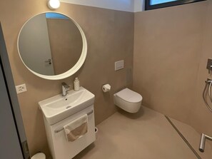 A modern bathroom with a round mirror, a sink, a toilet, and a shower area. - Schwalbennest Votteler, Morissen, (Morissen), 43009B by Interhome (Morissen)