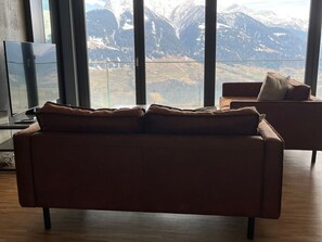 Una sala de estar moderna con un sofá de cuero y vistas a montañas nevadas a través de amplios ventanales.