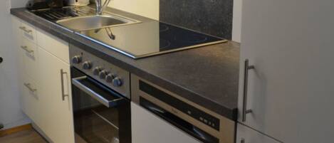 Fridge, oven, dishwasher, cookware/dishes/utensils
