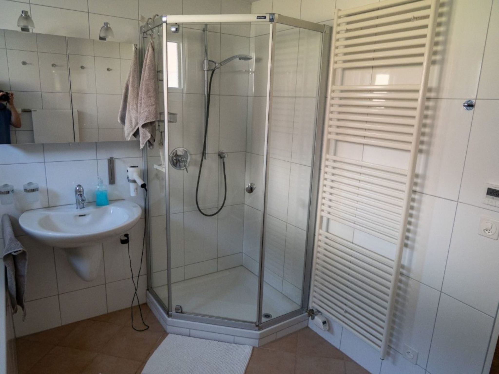 A bathroom with a glass-enclosed shower, a sink, and a towel rack.