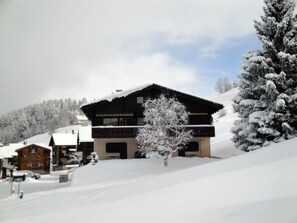A chalet-style building with a steep roof, surrounded by snow-covered trees and a clear sky. - Gadola, Obersaxen-Meierhof, (Obersaxen), 34069B by Interhome (Obersaxen Affeier)