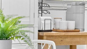 A kitchen with a coffee maker, mugs, a plant, and a kettle.