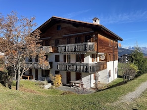 Un chalet en bois à deux étages, doté de balcons, d’un chemin bordé de pierres et offrant une vue sur la montagne.
