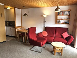 Un espacio habitable funcional con sofá, una mesita, mesa de comedor con sillas, una zona de cocina y una estantería.
