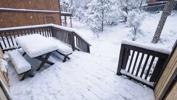 En træterrasse med bænke dækket af sne, omgivet af snedækkede træer og et hus.