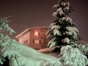 A building with multiple windows and a snow-covered tree in the foreground. - Bergblick Vigela, Lumbrein, (Lumbrein), 48009B by Interhome (Lumbrein)