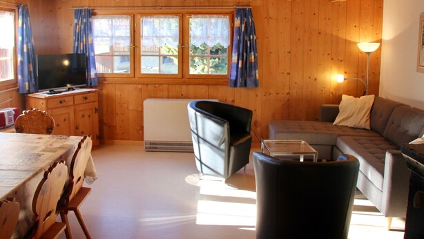 Ein Holzblockhaus-Interieur mit einer Couch, einem Fernseher, einem Tisch und einer Lampe.