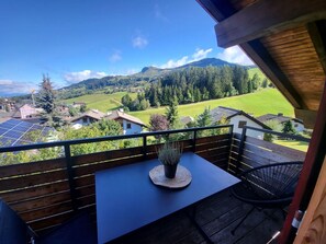 A balcony with a table, a potted plant, and a chair.