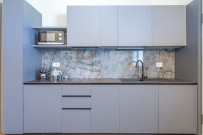 Eine moderne Küche mit Mikrowelle, Wasserkocher und Spüle.