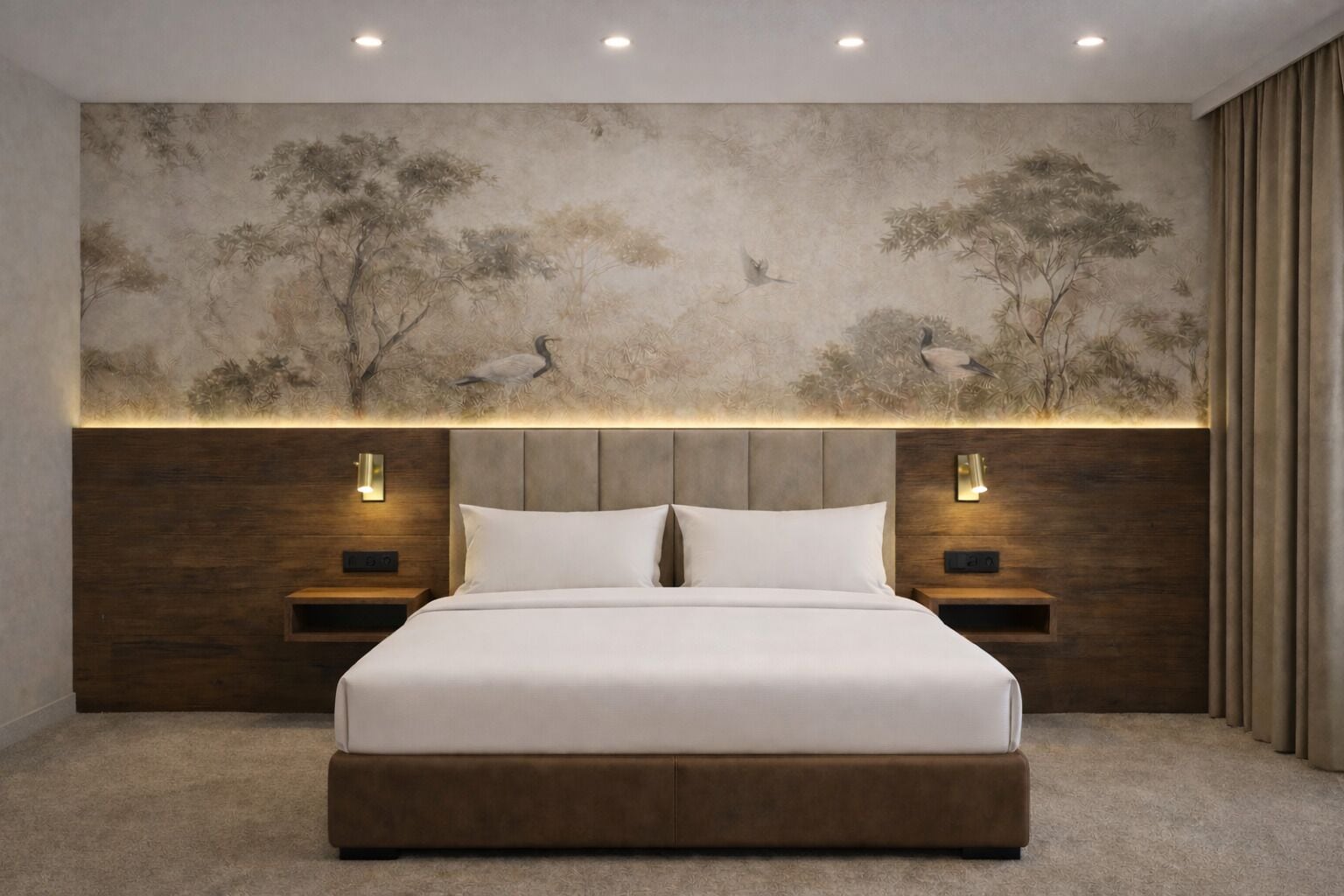 Une chambre avec un grand lit, une tête de lit en bois et des tables de chevet fixées au mur.