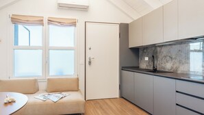 A modern kitchen with grey cabinets, a marble countertop, and a built-in oven. - Flower Residence - Appartamento Iris (Lissone)