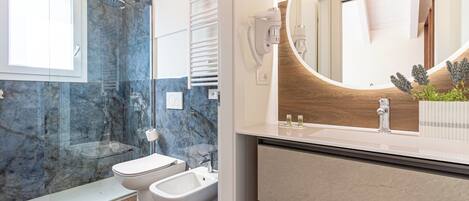 Shower, hair dryer, bidet, towels