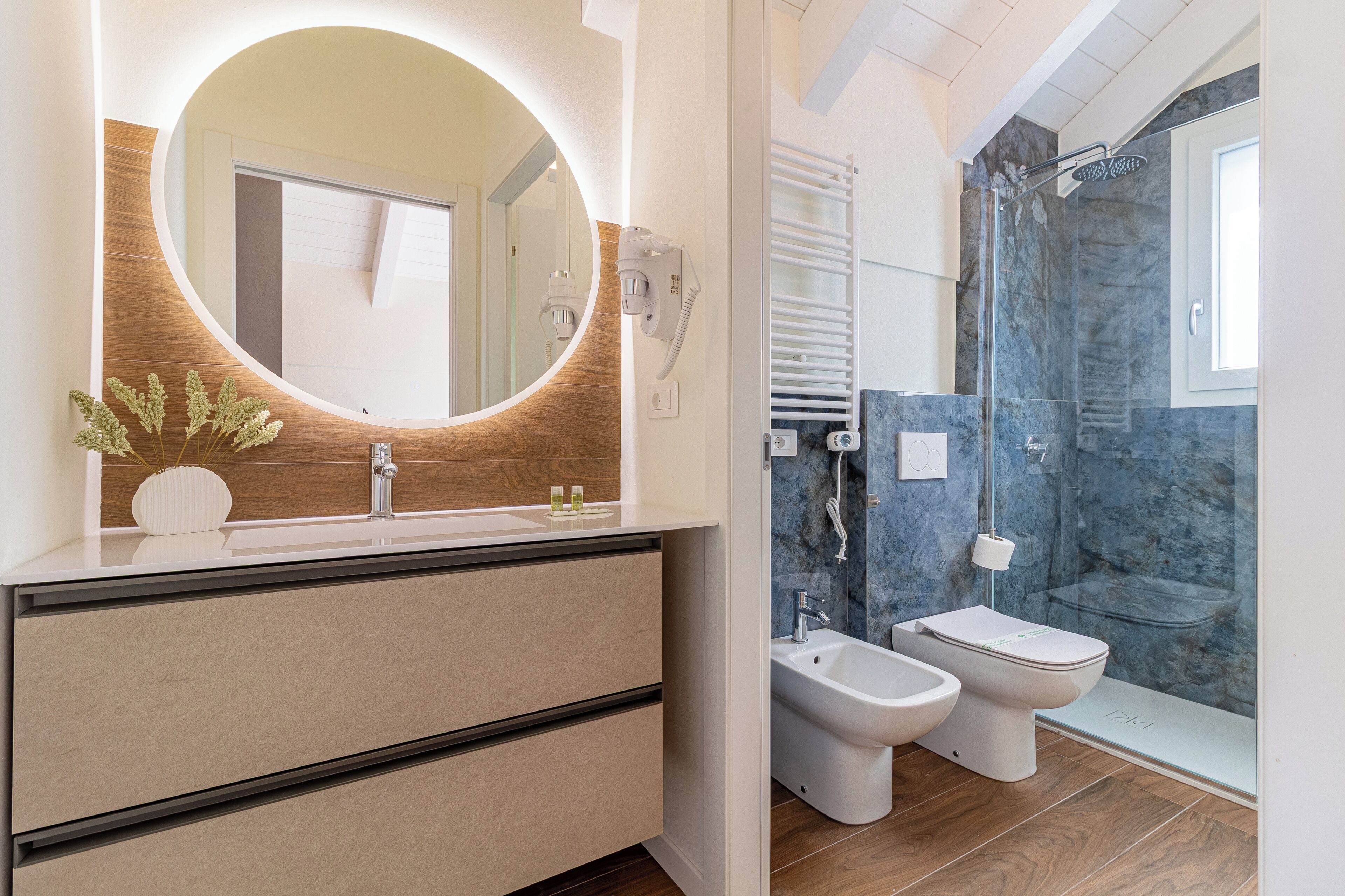 Shower, hair dryer, bidet, towels
