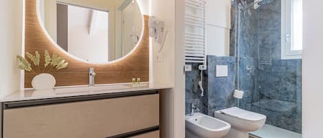 Shower, hair dryer, bidet, towels