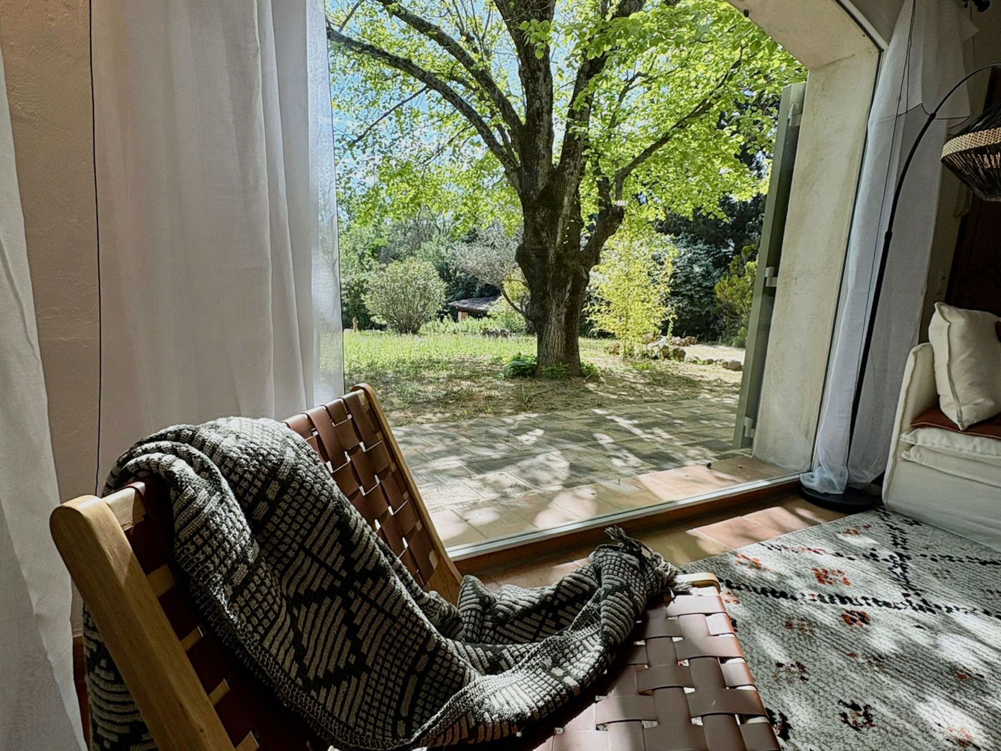 A room with a view of a tree through a glass door, a wooden chair with a blanket, and a patterned rug.