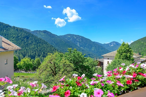 A mountain landscape with a building and flowers in the foreground. - Apartment 'Classic 6' with Balcony and Breakfast Included - new 2026 (Trodena nel Parco naturale)