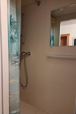 Ein Badezimmer mit Dusche, Handtuchhalter und Spiegel.