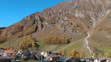A mountain village with traditional buildings, a winding road, and a prominent mountain in the background.