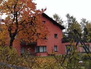 Ein rotes Gebäude mit vielen Fenstern und ein Baum mit Herbstlaub davor.