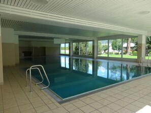An indoor swimming pool with clear glass walls, a tiled floor, and a metal pool ladder. - Brentsch A34, (Scuol) by Interhome (Scuol)