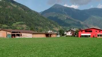 Ländliche Landschaft mit einem grünen Feld, zwei Gebäuden und Bergen im Hintergrund.