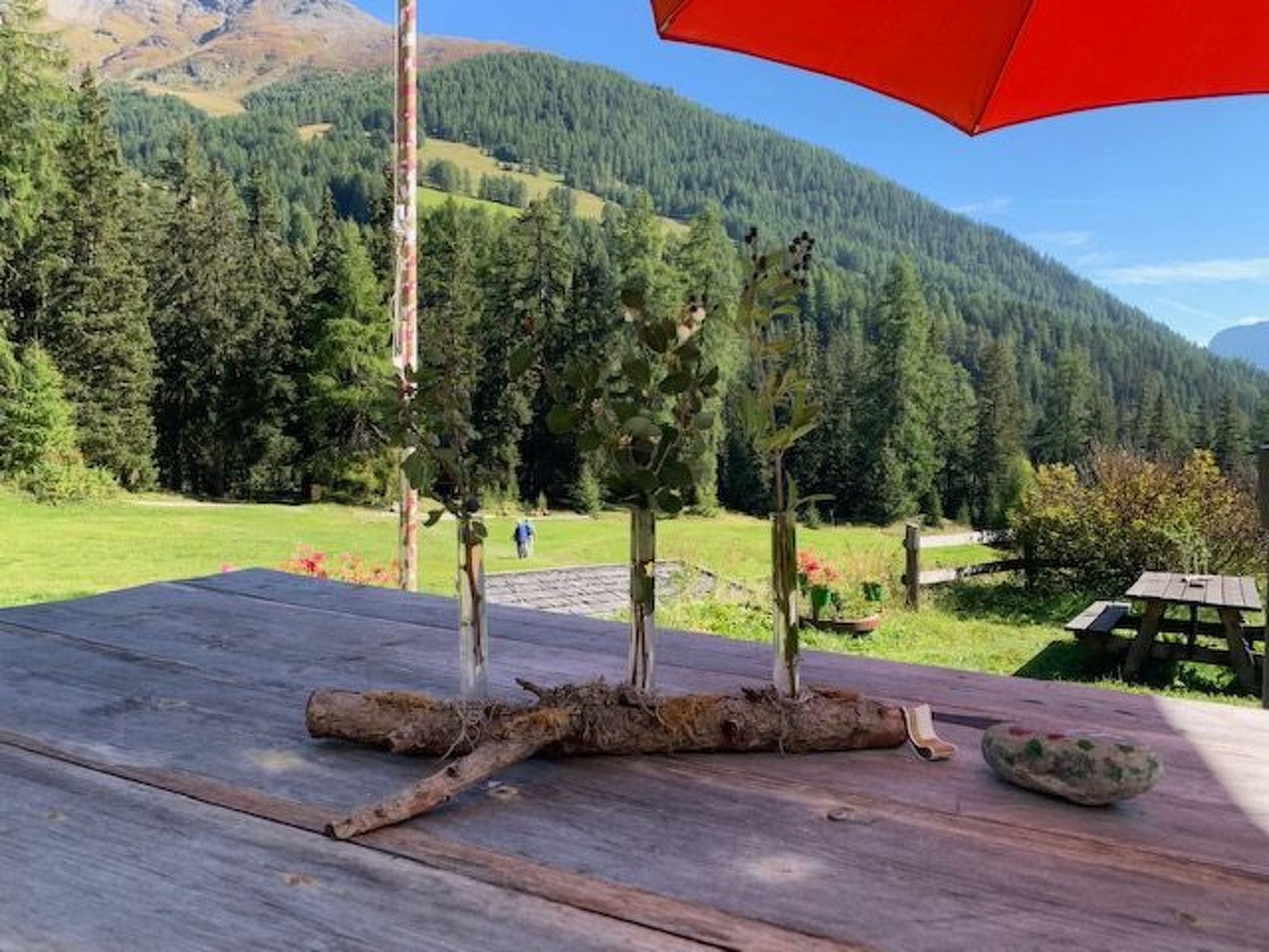 A wooden deck with a red umbrella, a wooden bench, and a picnic table.