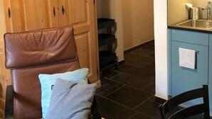 A room with a wooden wardrobe, a chair with cushions, a small kitchen area with a sink and cabinets, and a patterned rug.