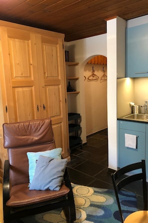 Une pièce comprenant une armoire en bois, un fauteuil avec des coussins, un petit coin cuisine avec un évier et des placards, et un tapis à motifs.