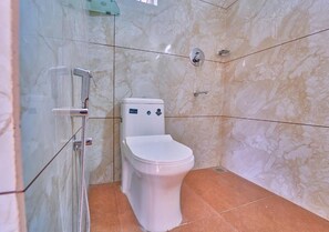 Chambre Deluxe double, vue sur le lac | Salle de bain | Douche, articles de toilette (gratuits), savon